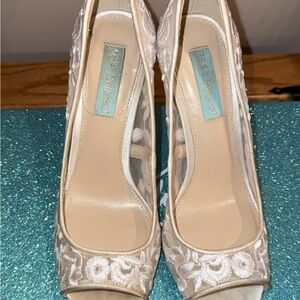 Betsey Johnson “Adley” Nude and Ivory Floral Lace Wedding Heels.